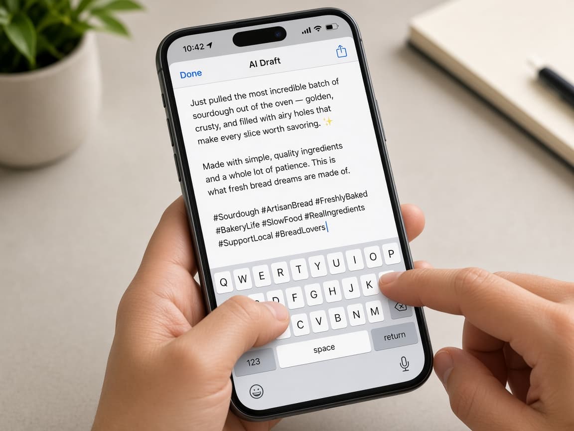 Smartphone showing an AI-written SnapPost caption draft