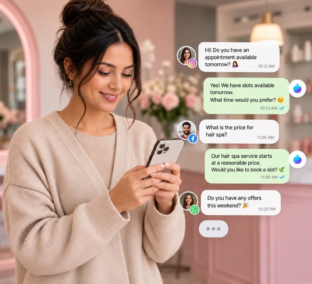 Salon staff checking SnapPost customer messages on a phone