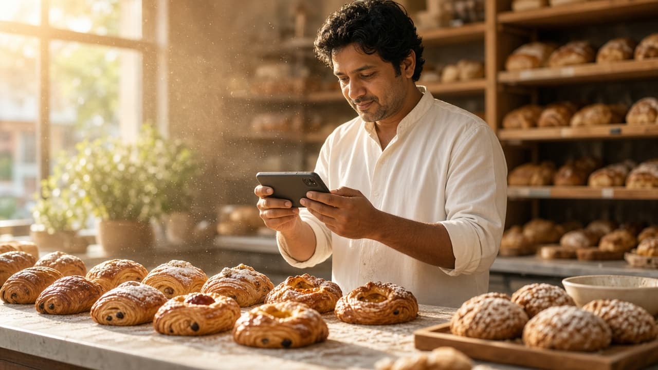 Shop owner finishing a SnapPost on their phone beside a laptop in a warm cafe
