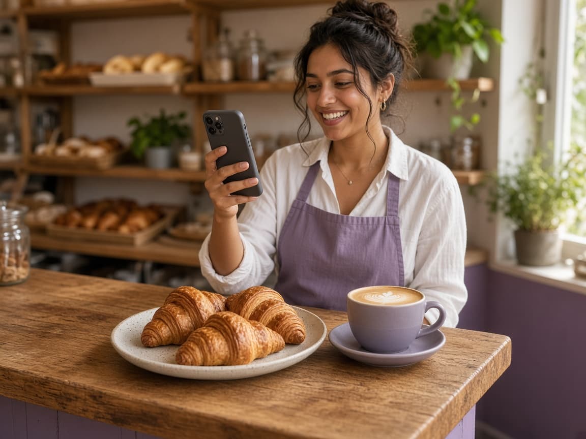 Cafe owner photographing fresh croissants with her phone for a social post