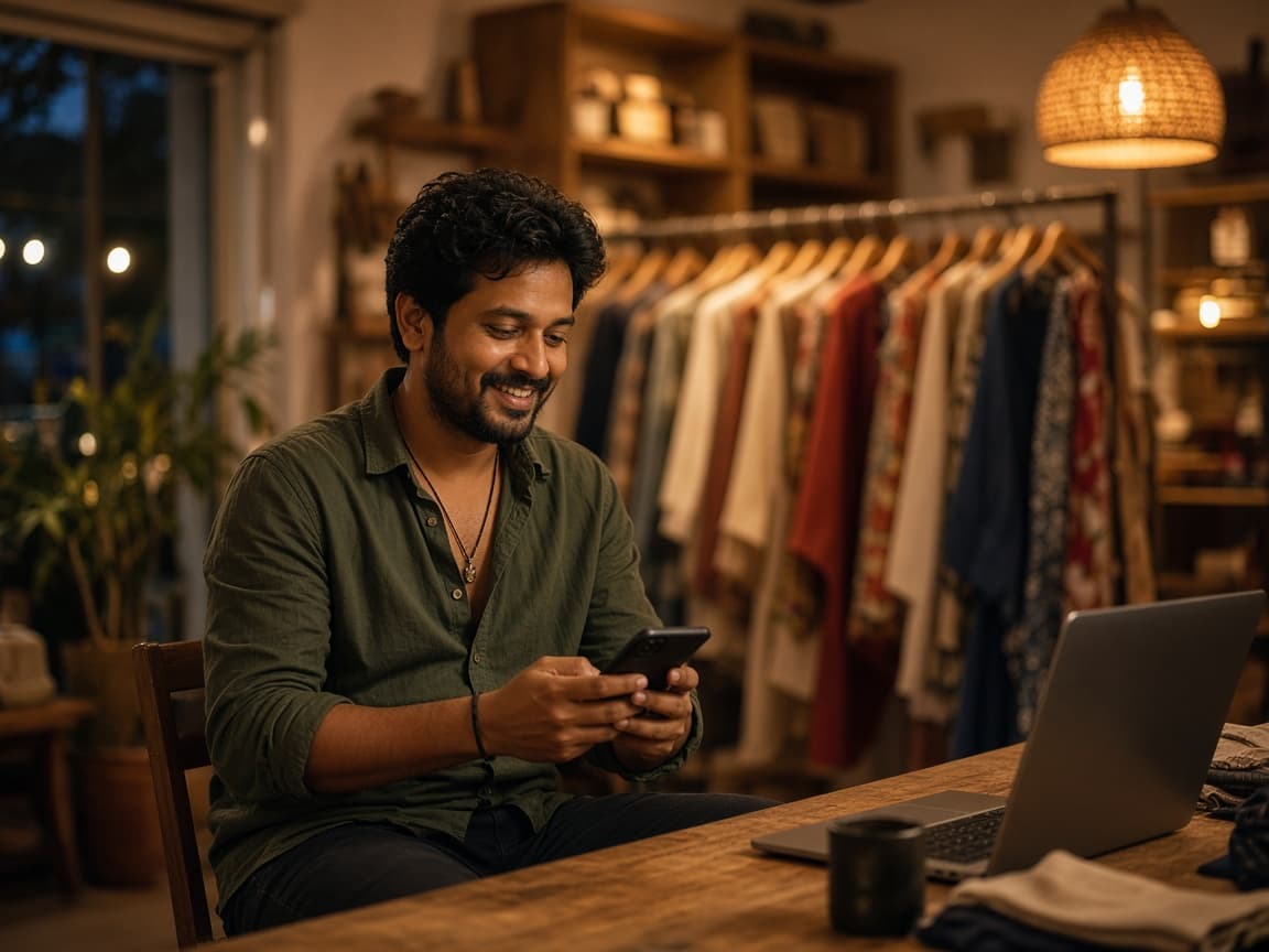 Boutique owner replying to customer messages on his phone