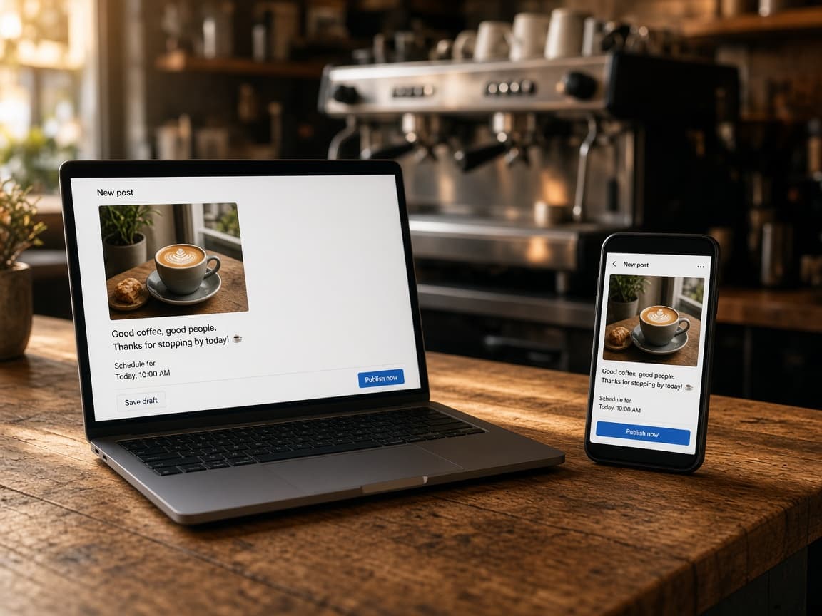Laptop and phone ready to publish a SnapPost from a cafe counter
