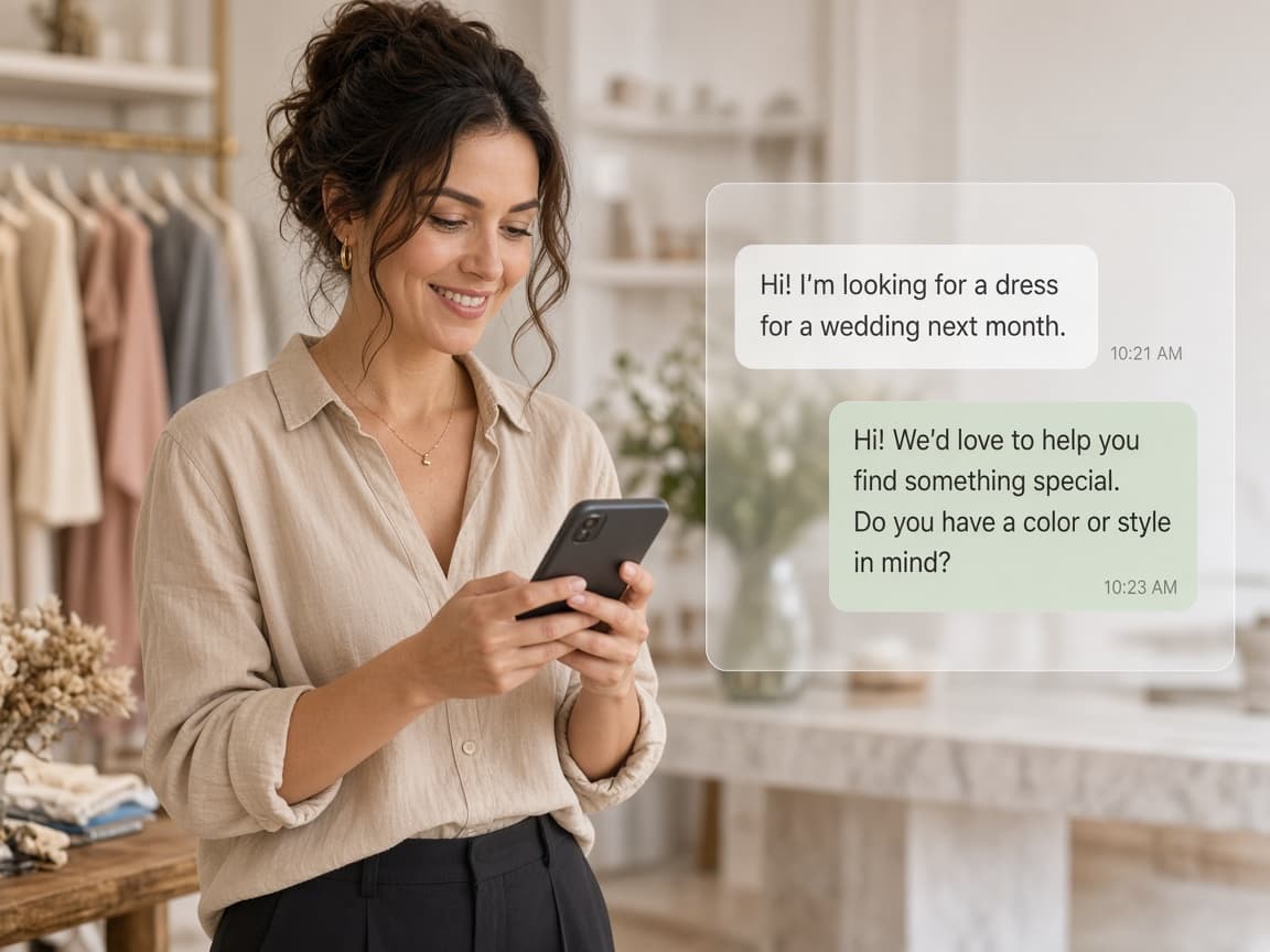 Boutique owner reviewing SnapPost customer replies on a phone